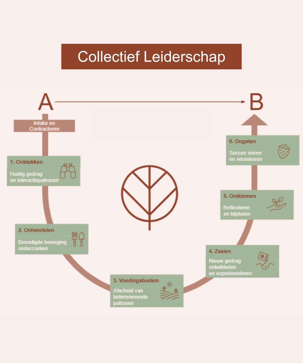 Collectief leiderschapsmodel om van A naar B te komen.